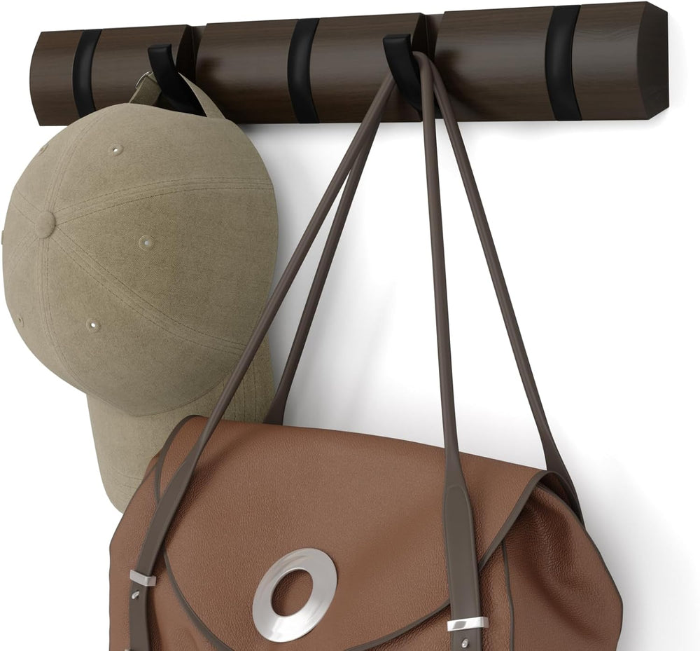 Umbra Flip Coat Rack, Wall Mounted 5-Hook Space Saving, Walnut/Black