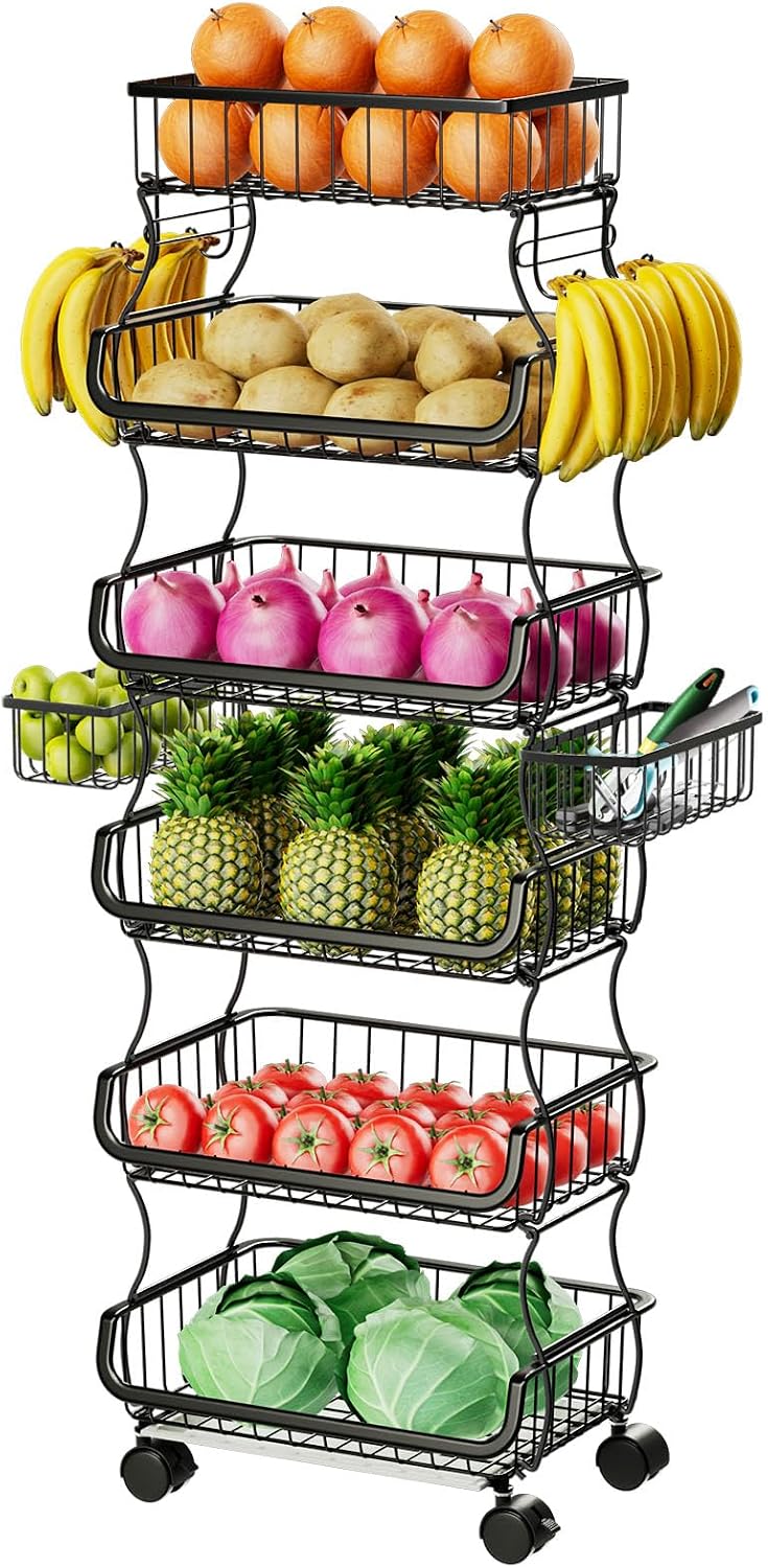 Simple Trending 6 Tier Rolling Cart, Stackable Basket Black
