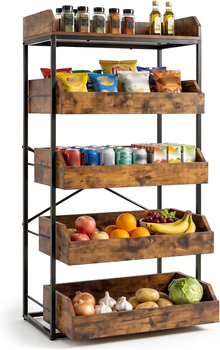 Giantex 5-Tier Food Storage Basket, Industrial Utility Shelf with 4 Pull-out Drawers & X-Shaped Metal Frame, Anti-Tipping Kit, Adjustable Feet, Fruit Vegetable Basket for Kitchen, Supermarket