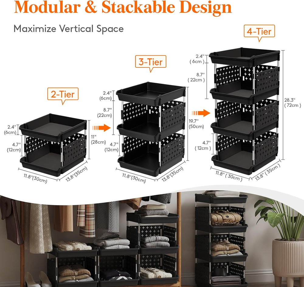 Lifewit 4 Tier Plastic Stackable Storage Baskets for Clothes 2 Pack, Black