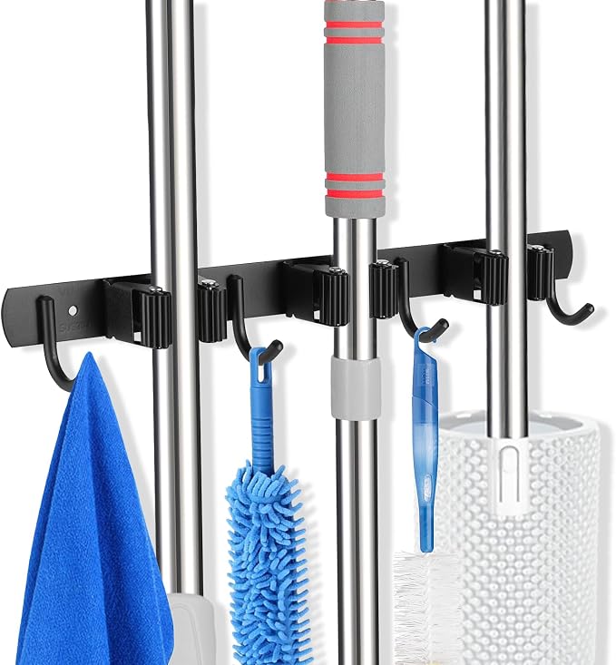 voze 3 Racks and 4 Hooks Mop and Broom Holder Wall Mount, Self Adhesive Heavy - Image 7