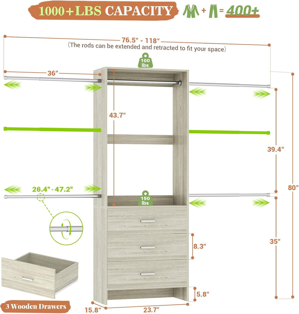 Aheaplus Closet System, 4.2-9Ft Closet Organizer with with 4 Rods, White Oak