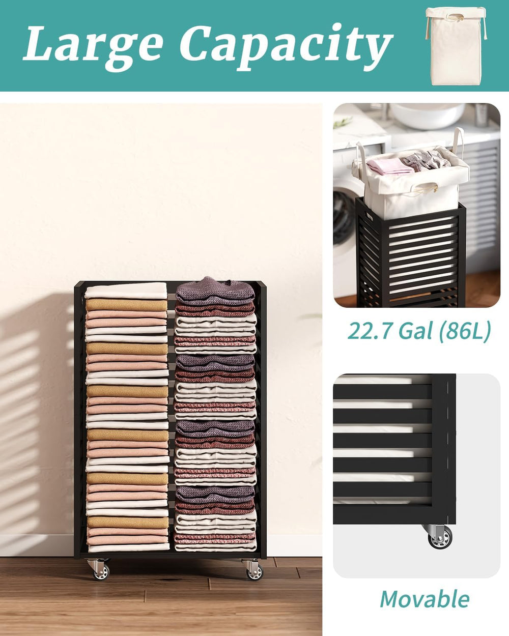 Laundry Basket with Wheels, Rolling Laundry Hamper, Bamboo Wood Laundry Cart ...