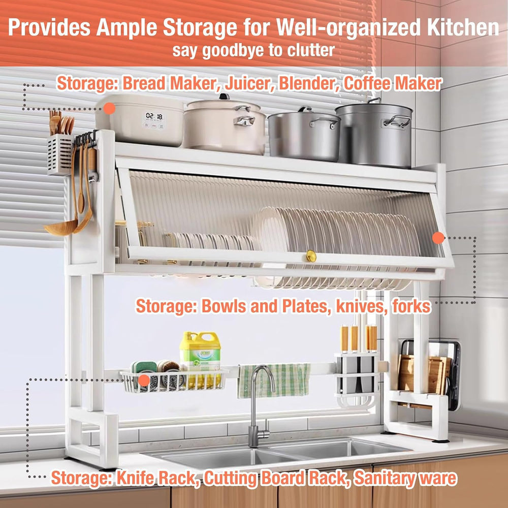 Hdrriozu Over the Sink 3 Tier Dish Drying Rack with Cover, Milkshake White