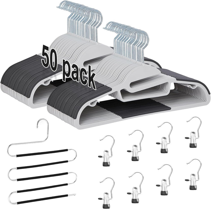 VECELO 50 Pack Coat Hangers, Premium Quality Plastic Suit Clothes Hanger, Non-Slip, Heavy-Duty, S-Shaped Opening, 360º Swivel Hook, Space-Saving for Bedroom Closet