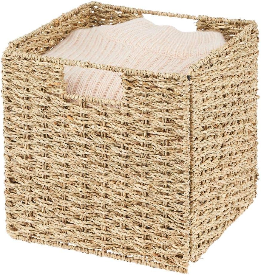 mDesign Seagrass Woven Cube Basket Organizer with Handles - Storage for Bedro...