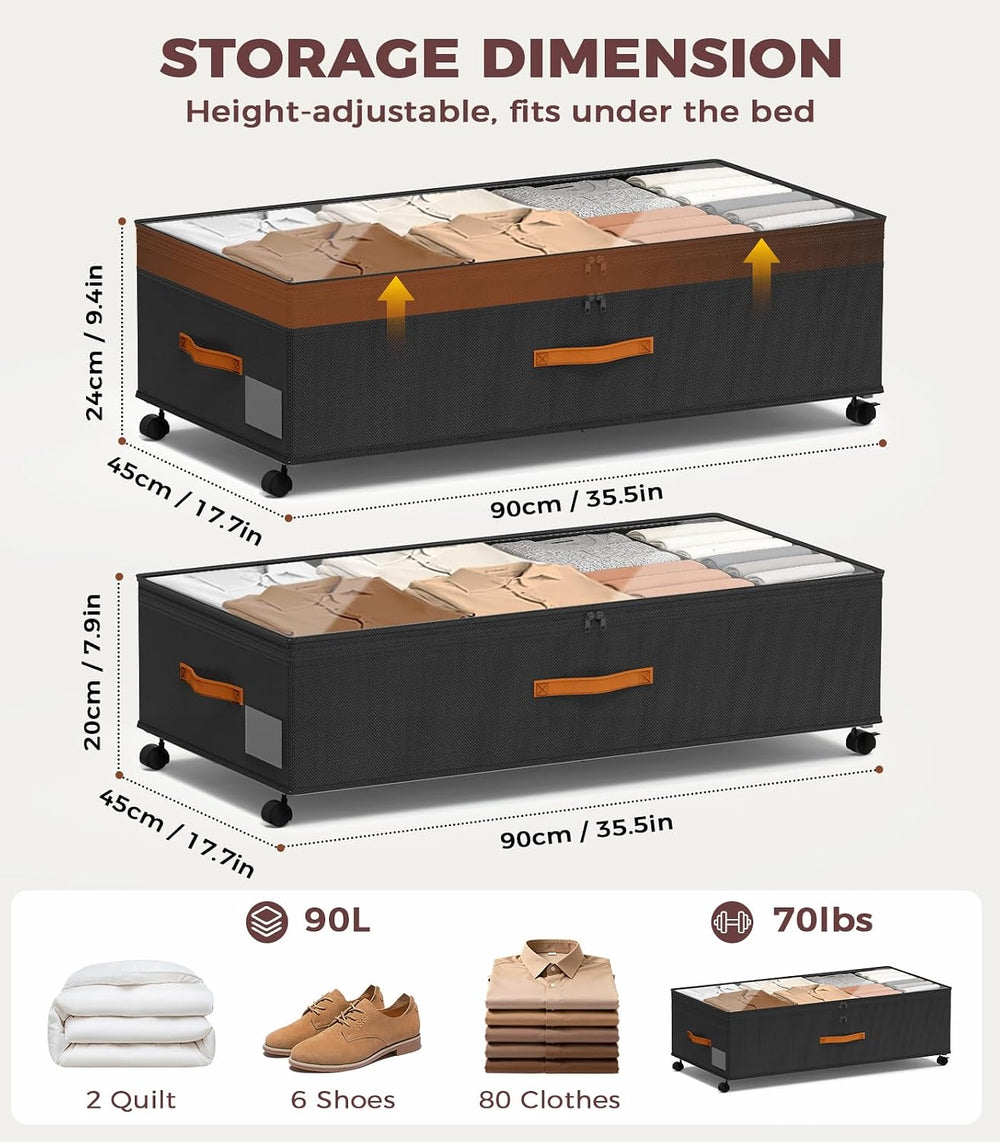Under Bed Storage with Wheels, 35.5 inches Underbed Storage Large Capacity Un...