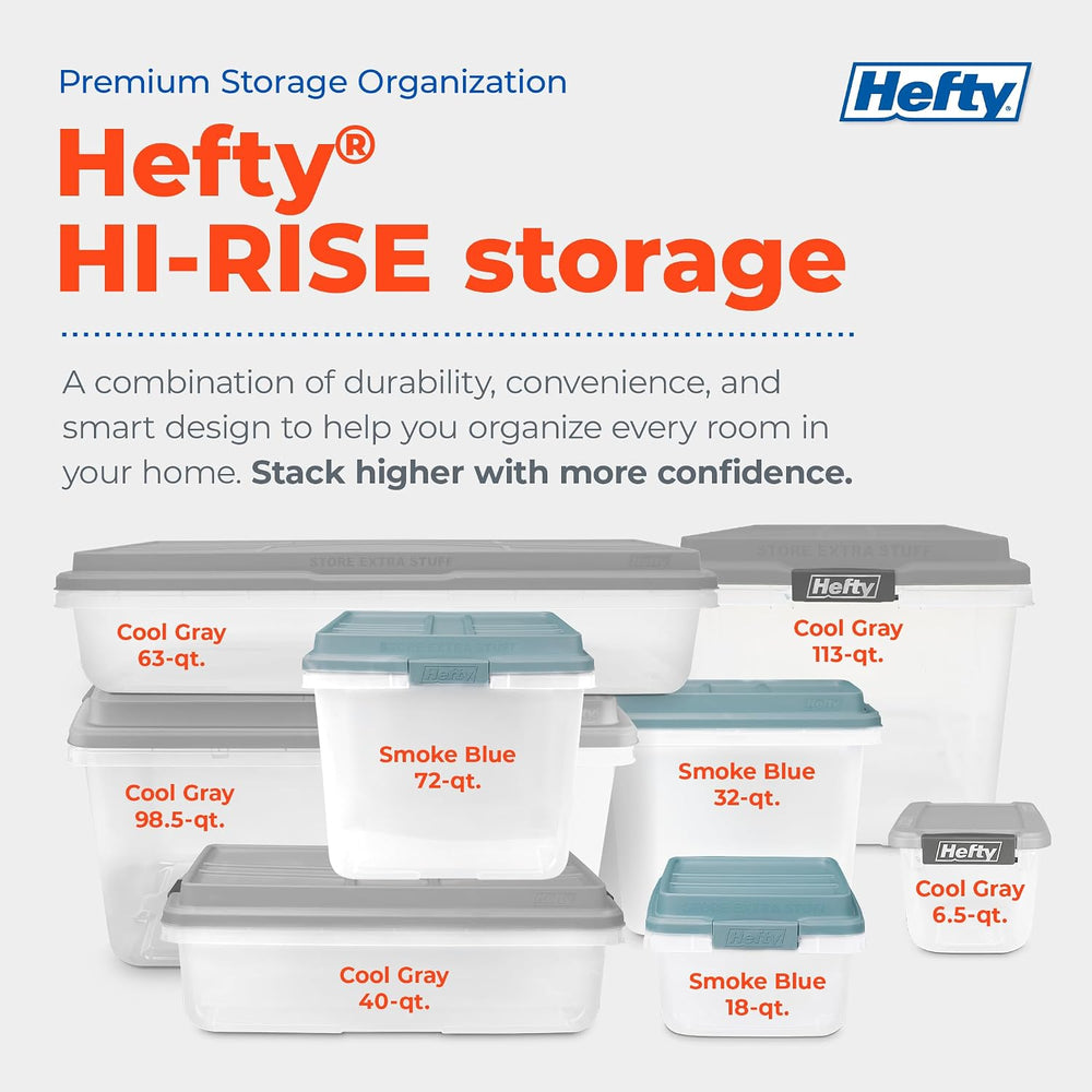 Hefty 113 Qt Hi-Rise Storage Bin with Lid, Stackable Plastic Storage Containe...