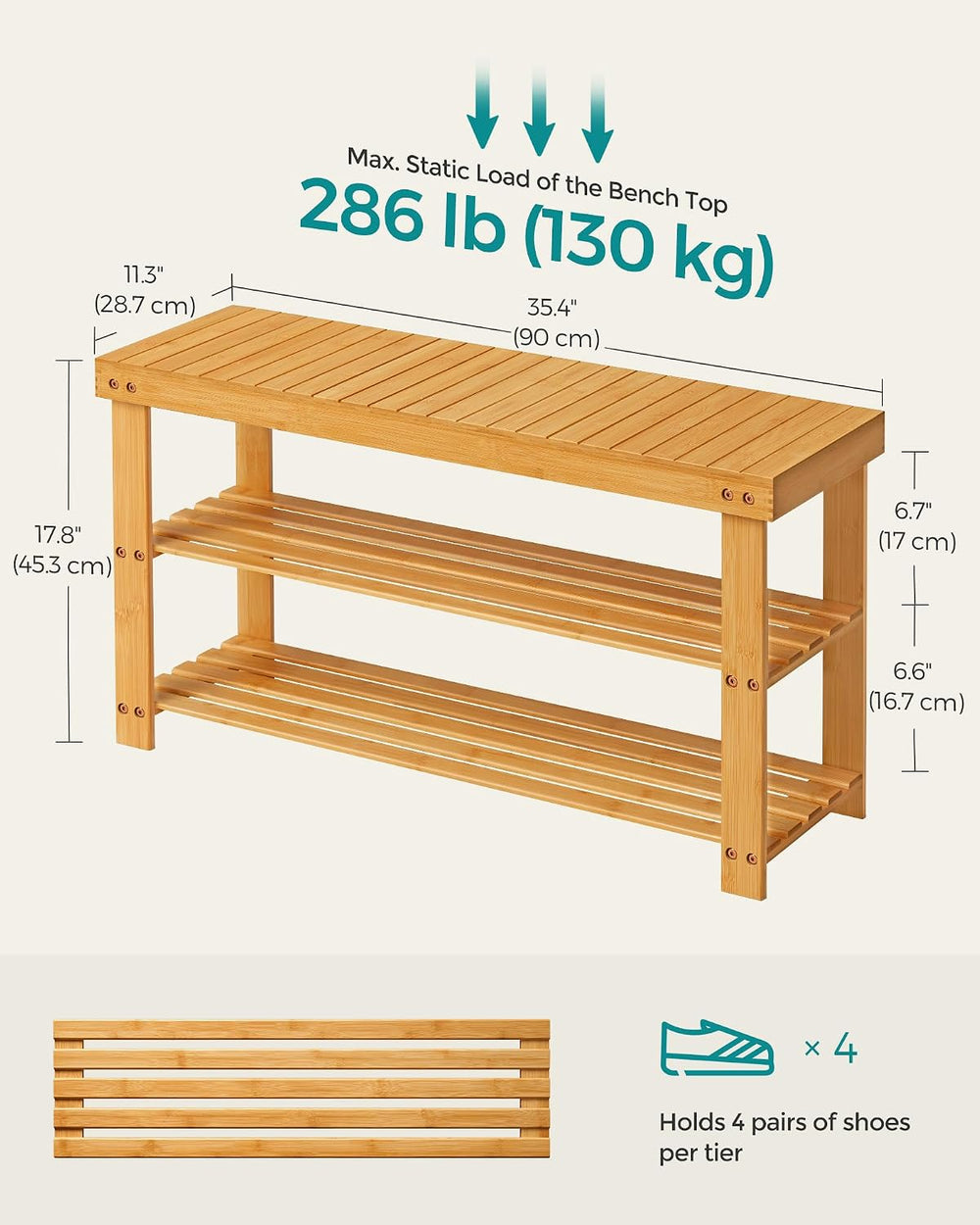 SONGMICS Shoe Rack Bench, 3-Tier Bamboo Entryway Bench, 35.4 Inches Width