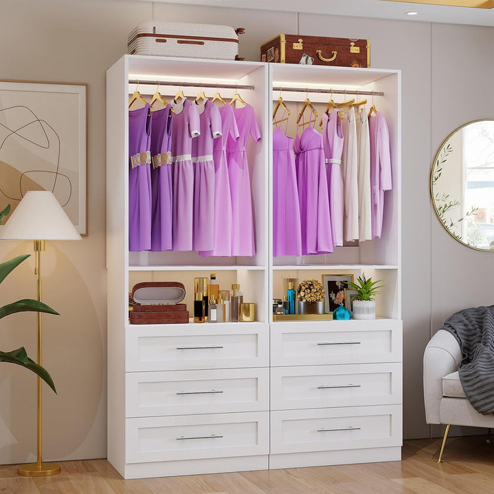 Closet System Set of 2, Closet System with 6 Drawers, 4 Rods & 2 Shelves, 4–10FT Walk in Modular Closet System, DIY Custom Built in Wood Closet Organizer Kit, White