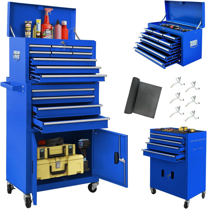 13-Drawer Double Doors Tool Chest, 2 in 1 Detachable Rolling Tool Chest, Large Tool Box with Drawers, Mobile Tool Cabinet with Lock, Metal Standing Toolbox for Garage Workshop-Blue