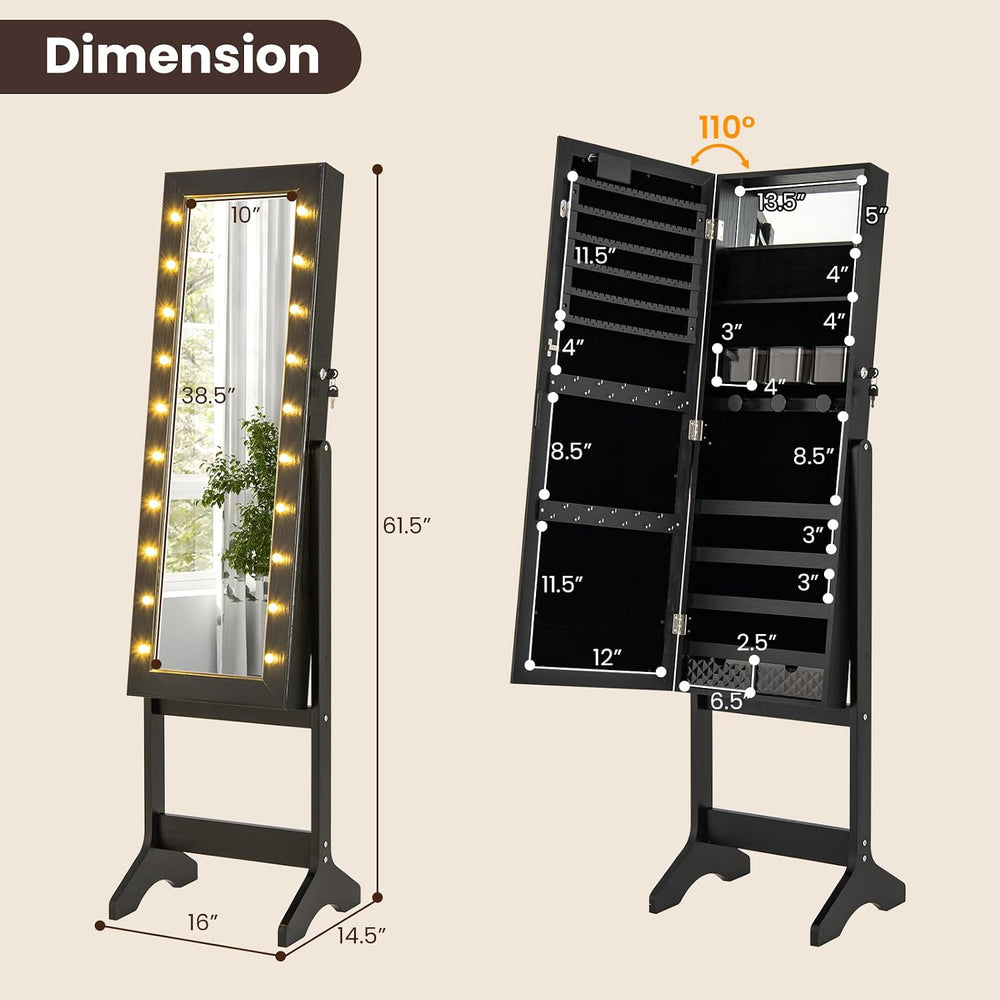 Giantex Standing Jewelry Armoire with Lighted Full Length Mirror, Lockable Je...