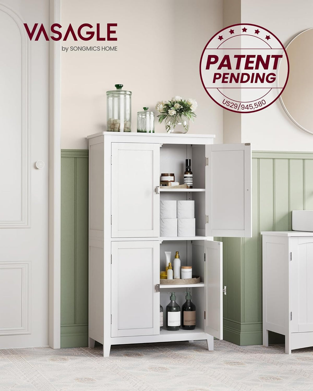 VASAGLE Bathroom Floor Storage Cabinet with 4 Doors, Cloud White
