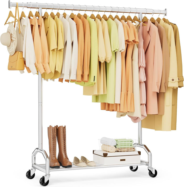 Heavy Duty Rolling Clothing Rack, 420 lbs Capacity Metal Clothes Rack with Wheels, 65" Tall Freestanding Hanging Rack for Bedroom, Laundry Room, Retail Display, Chrome
