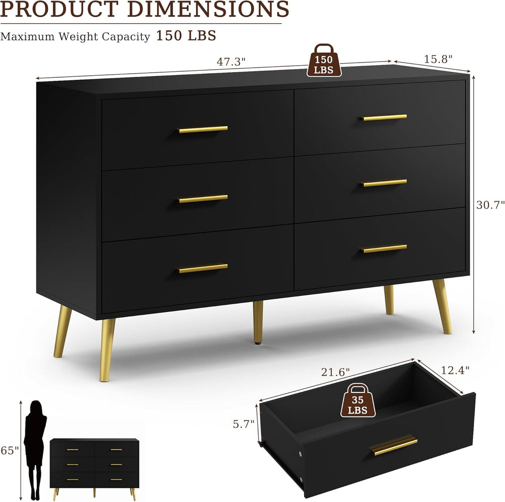 Black 6 Drawer Dresser for Bedroom, 47" Wood Dresser with Gold Handles.