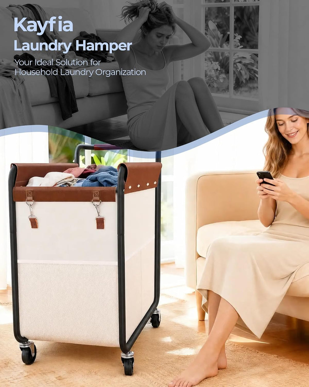 Kayfia 180L Rolling Laundry Hamper, Laundry Basket with Wheels, Beige