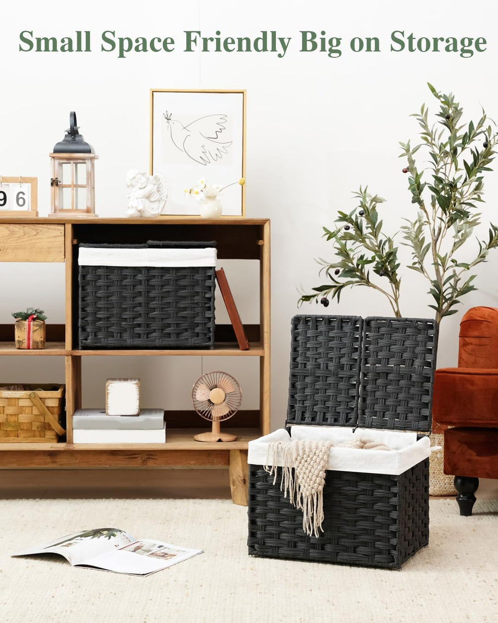 SETVSON Storage Basket with Lid, 2-Lid PE Rattan Storage Bin, Black