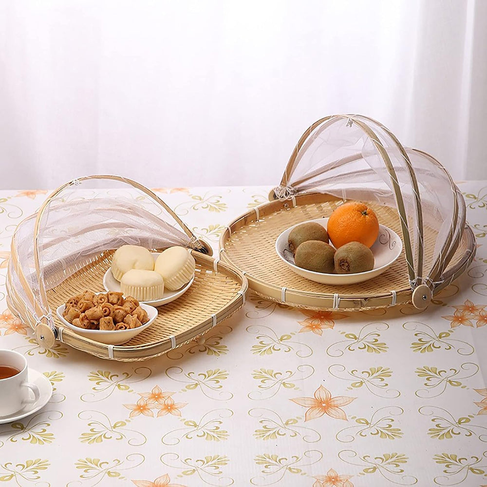 3Pcs Bamboo Food Serving Tent Basket with Cover, Square Hand-Woven Covered Br...