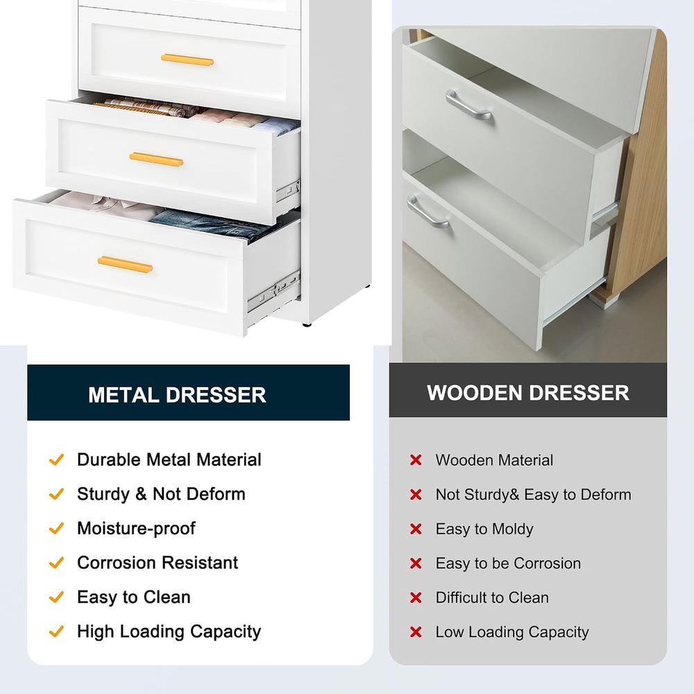 LCAOPC White Metal Dresser with 5 Spacious Drawers, Modern Chest of Drawers w...