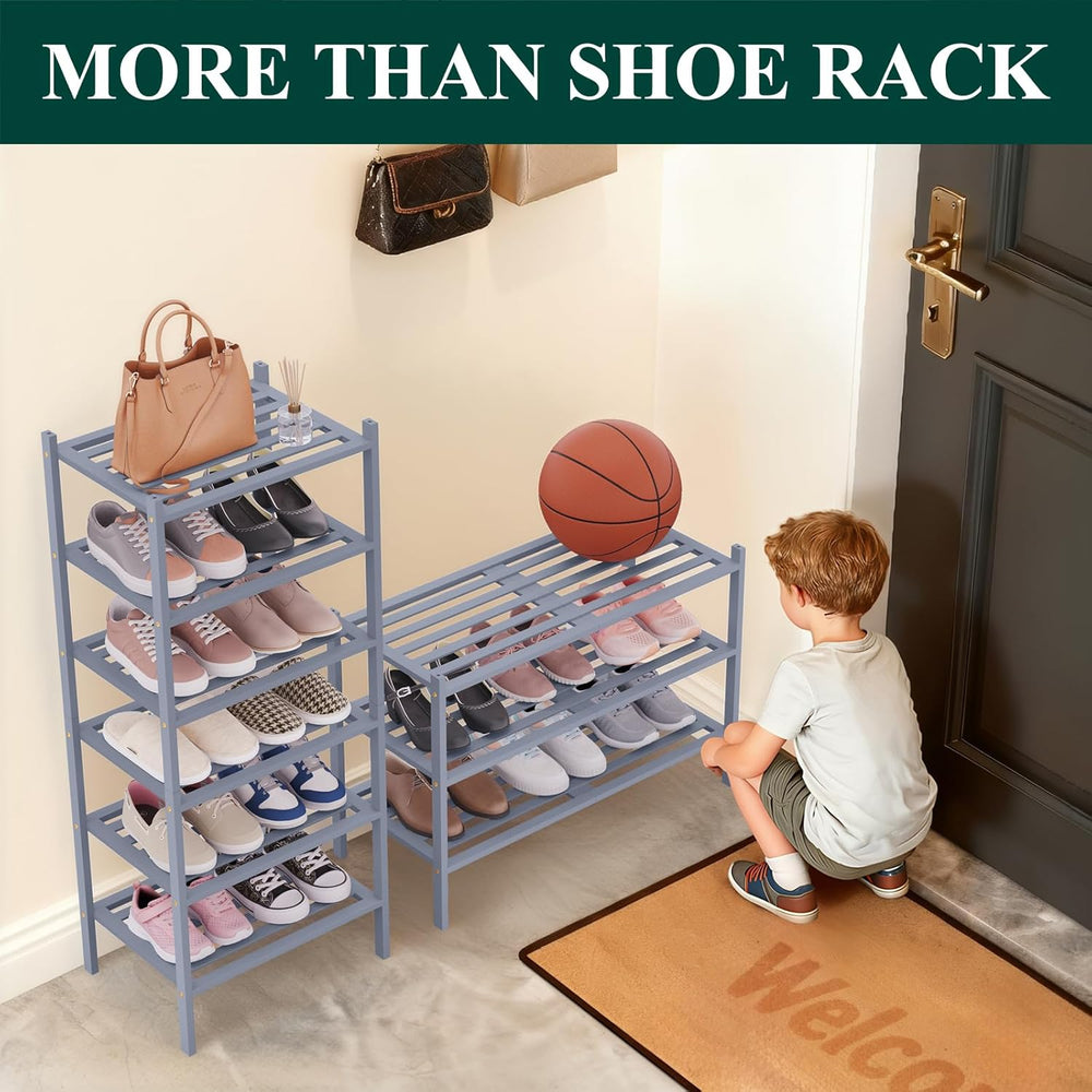 Smiry Bamboo Shoe Rack, 5 Horizontal Slats, 3 Tier - 33.9" Wide, Grey