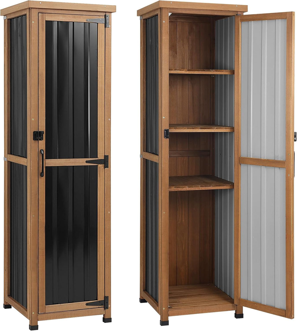 62" H Tall Narrow Outdoor Storage Cabinet with Metal Top, Outdoor Shed S...