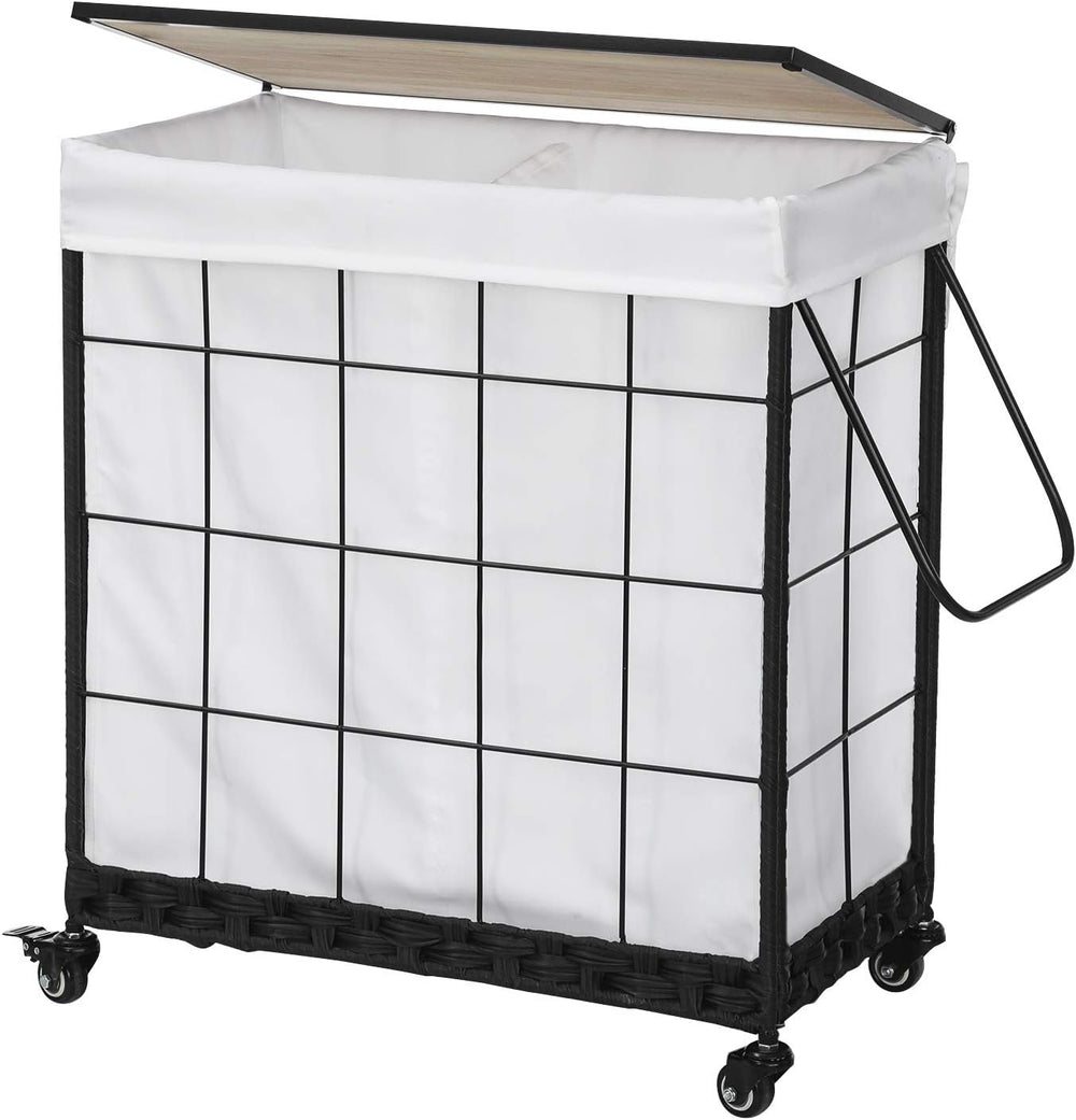 110L Laundry Hamper with Wood Lid, Rolling Laundry Basket with Liner Bag