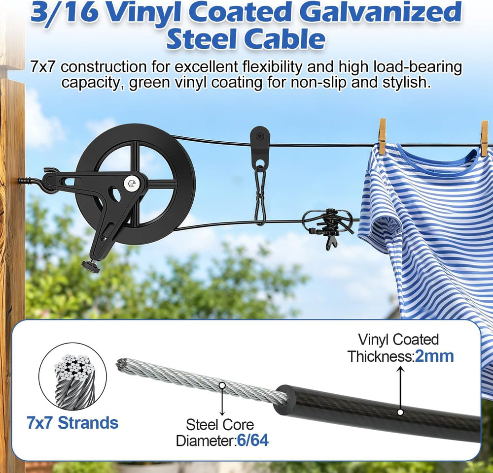 150ft Black Clothesline Pulley Kit with Aluminum Brake Pulleys