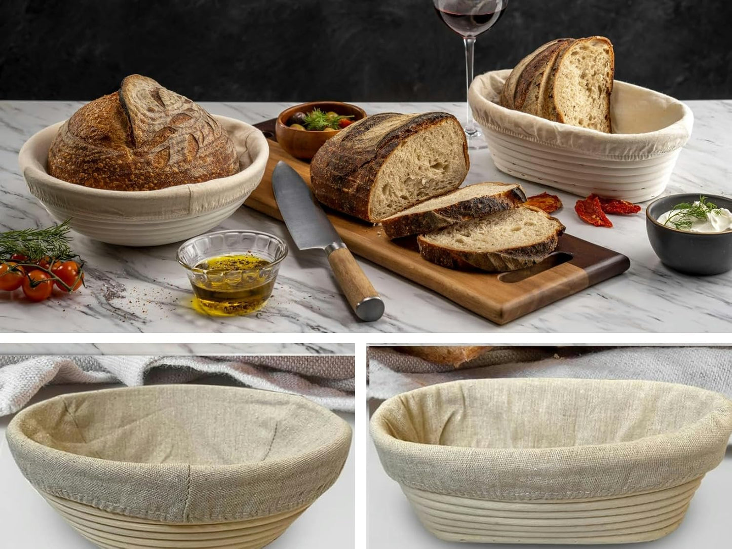 Proofing Baskets for Sourdough Bread Baking, 2 Pack Banneton Bread Proofing Basket 9 inch Round & 10 inch Oval Proofing Bowls for Sourdough Bread with Liner Making Baking Fermentation Tools Supplies