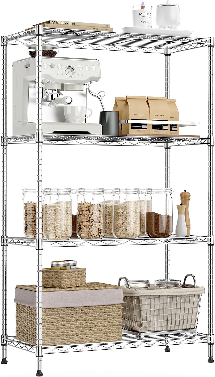IZEUK 4-Tier Heavy Duty Steel Storage Shelves, Metal Shelf Wire Shelving Rack...