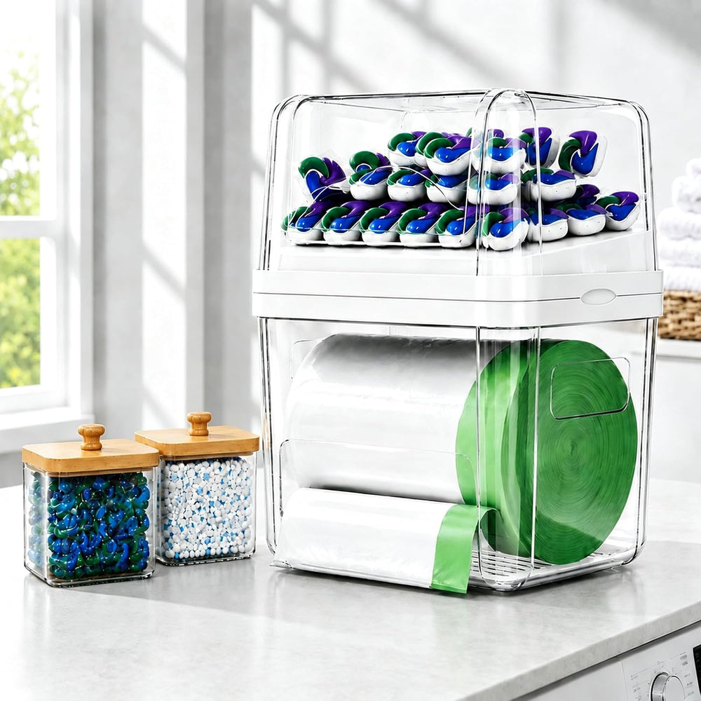 Trash Bag Holder & Dishwasher Pod Dispenser with 2 Bamboo Lid Storage Con...