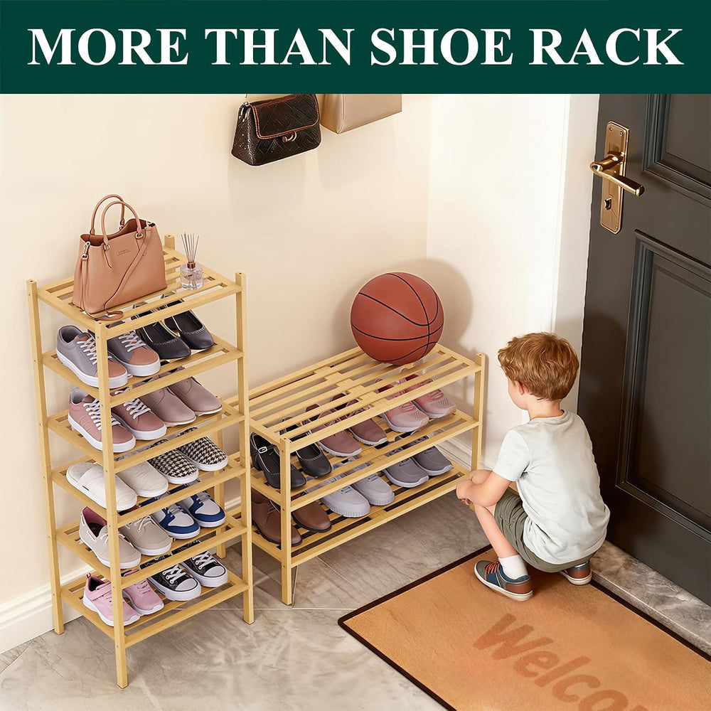Smiry Bamboo Shoe Rack, 5 Horizontal Slats, 2 Tier - 33.9" Wide, Natural