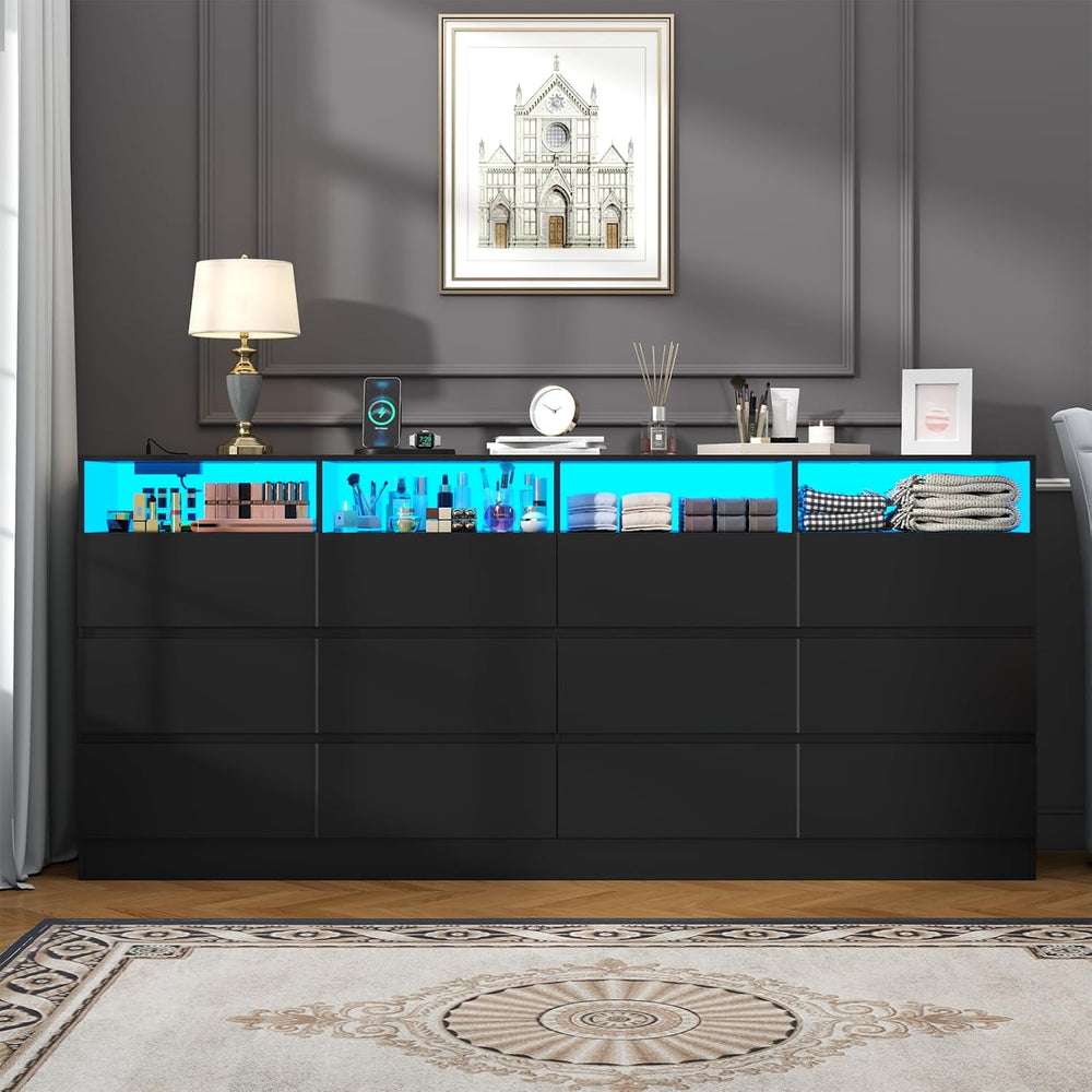 63" 6-Drawer Dresser with Divided Compartments, Power Outlet & LED L...