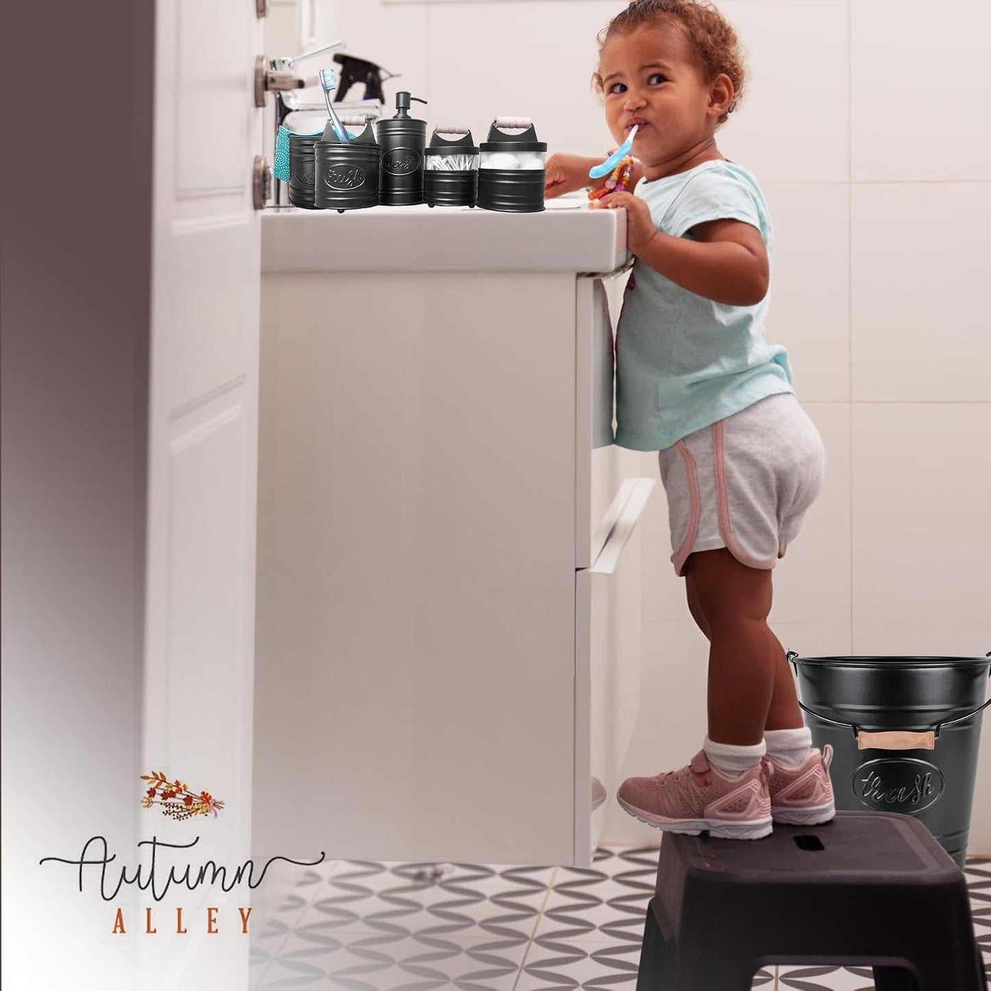 Autumn Alley Rustic Black Farmhouse Bathroom & Kitchen Accessories Set, 6-Piece Black Bathroom Set with Trash Can, Soap Dispenser, Toothbrush Holder, Decorative Sponge Holder & Apothecary Jars