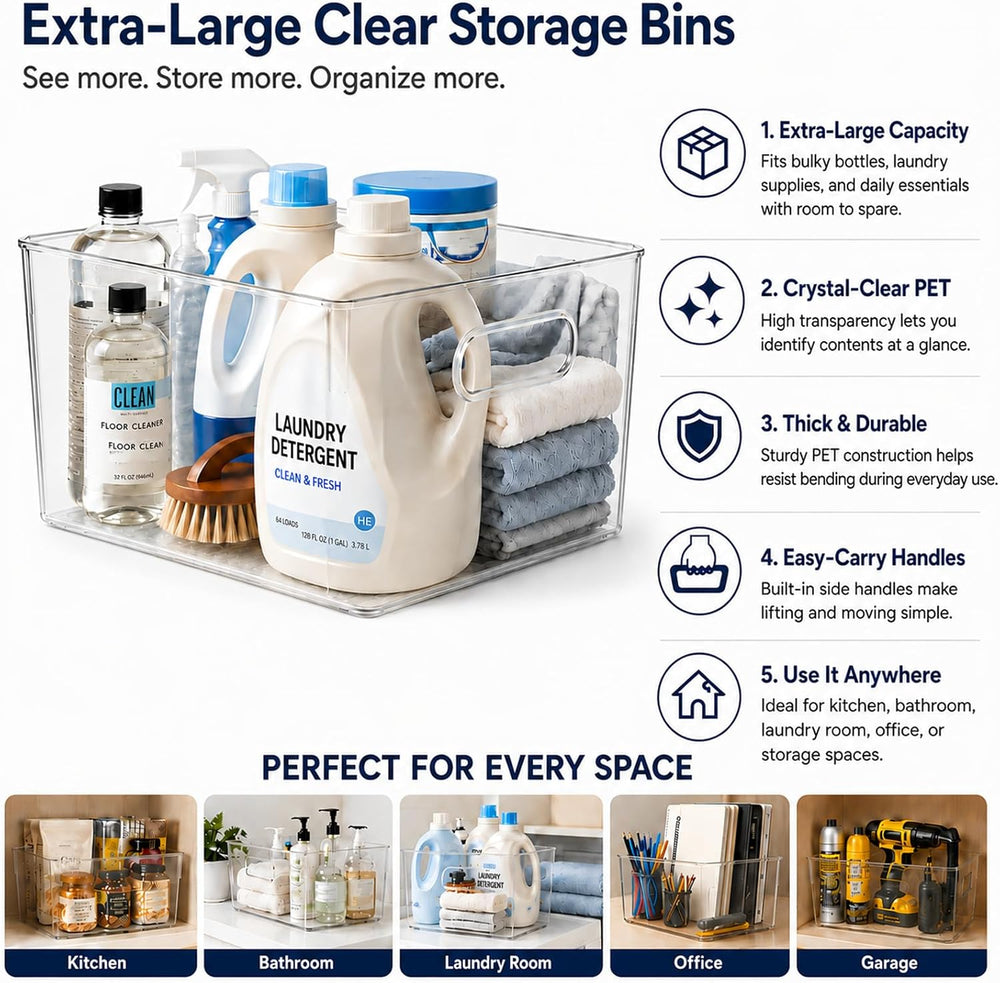 MOONEDGE 6 Pack X-Large Clear Organizer Bins 13x10x8in Storage Containers