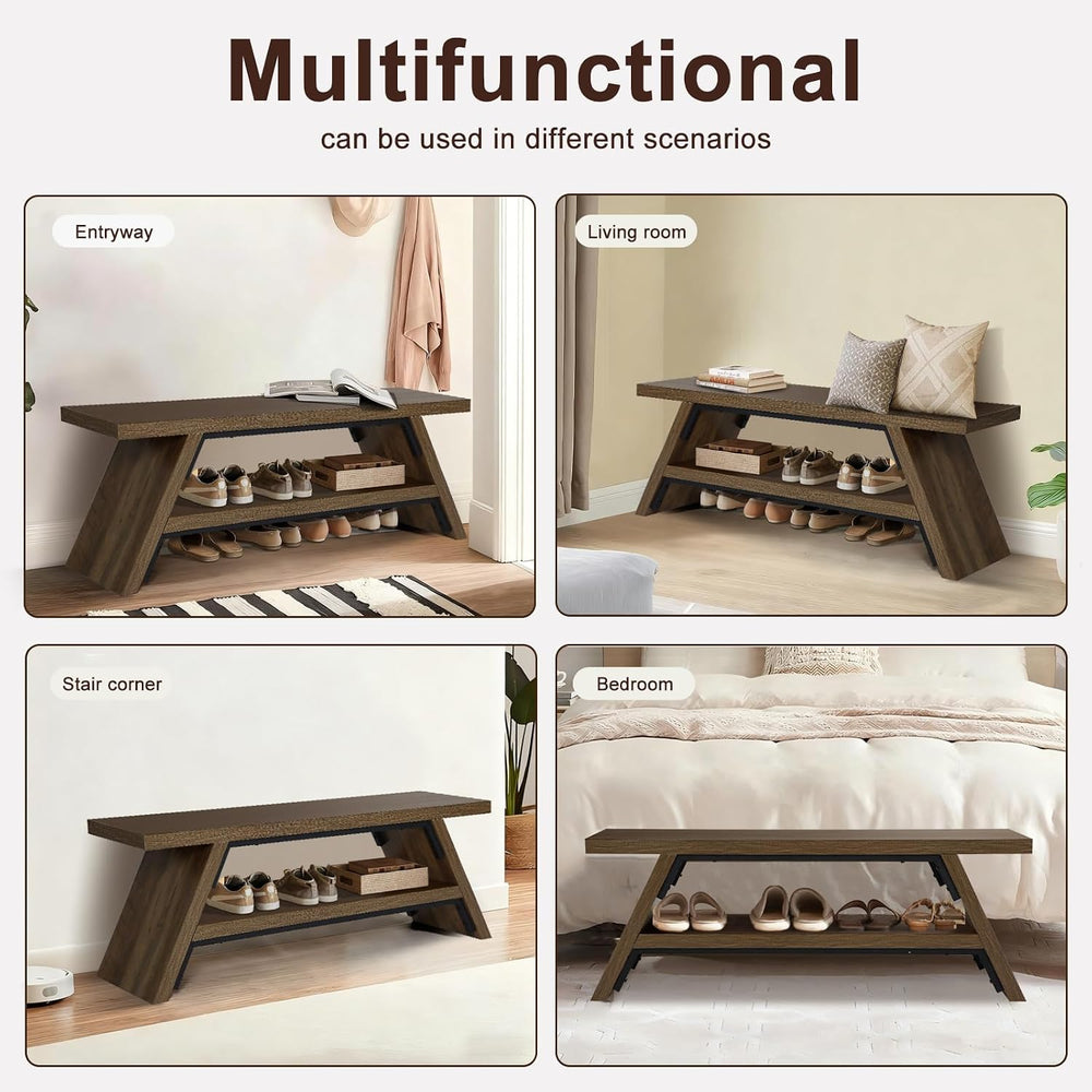 2-Tier Shoe Storage Bench, Solid Wood Entryway Stool Storage
