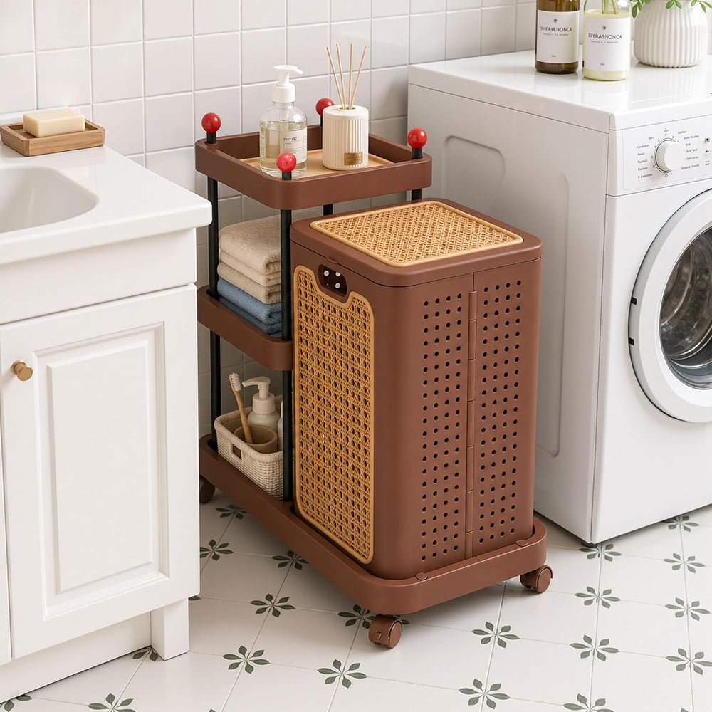 VECELO Rattan-Style Rolling Laundry Hamper Cart, 3-Tier Storage Shelf with Wh...