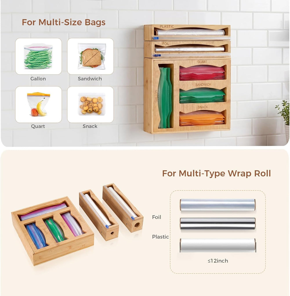 6-in-1 Bamboo Kitchen Drawer Organizer for Storage Bag, Foil & Plastic Wrap