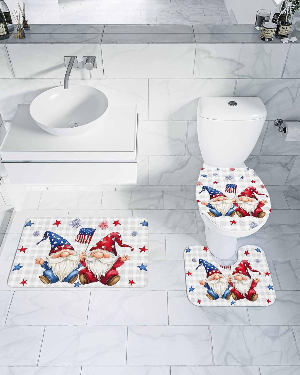 4th of July Bathroom Rugs and Mats Sets 3 Piece Patriotic Stars Gnomes Bath Sets Non Slip Bath Rug Set with U Shape Rug Fireworks Grey Buffalo Plaid Contour Toilet Rug for Bathroom Floor Large Size