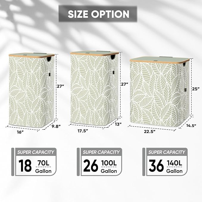 BALEINE Laundry Hamper with Lid, Tall Laundry Baskets with Bamboo Pull Handles