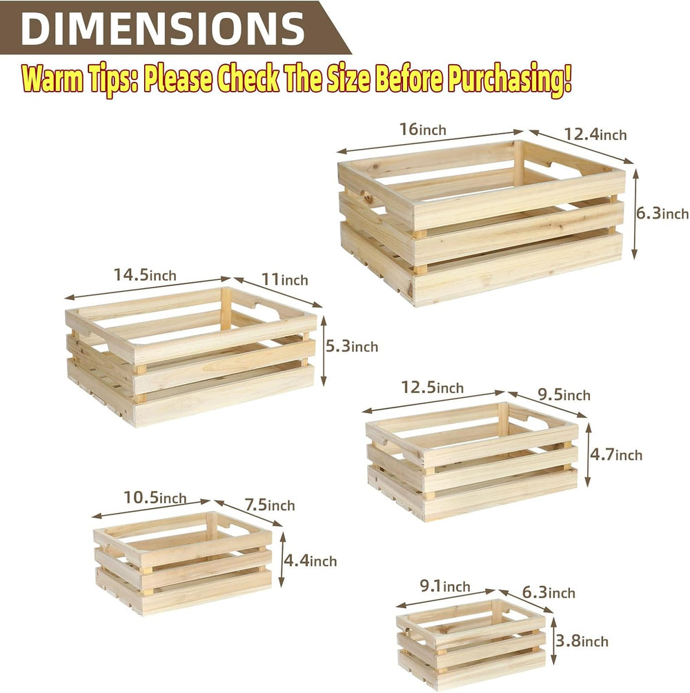 5-Piece Rustic Wooden Crates Unfinished Set, Wall Mountable Slatted Storage C...