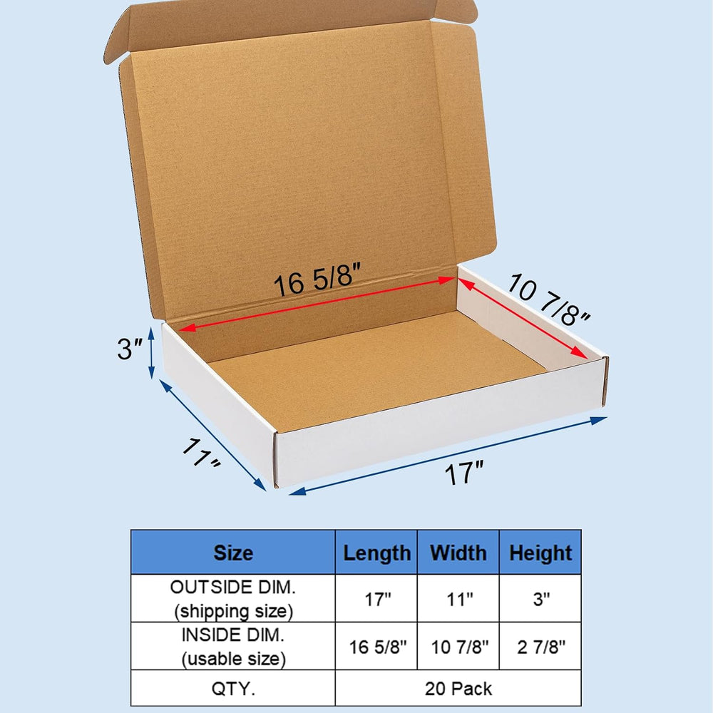 Wowxyz 17x11x3" Shipping Boxes 20 Pack White Corrugated Cardboard Box