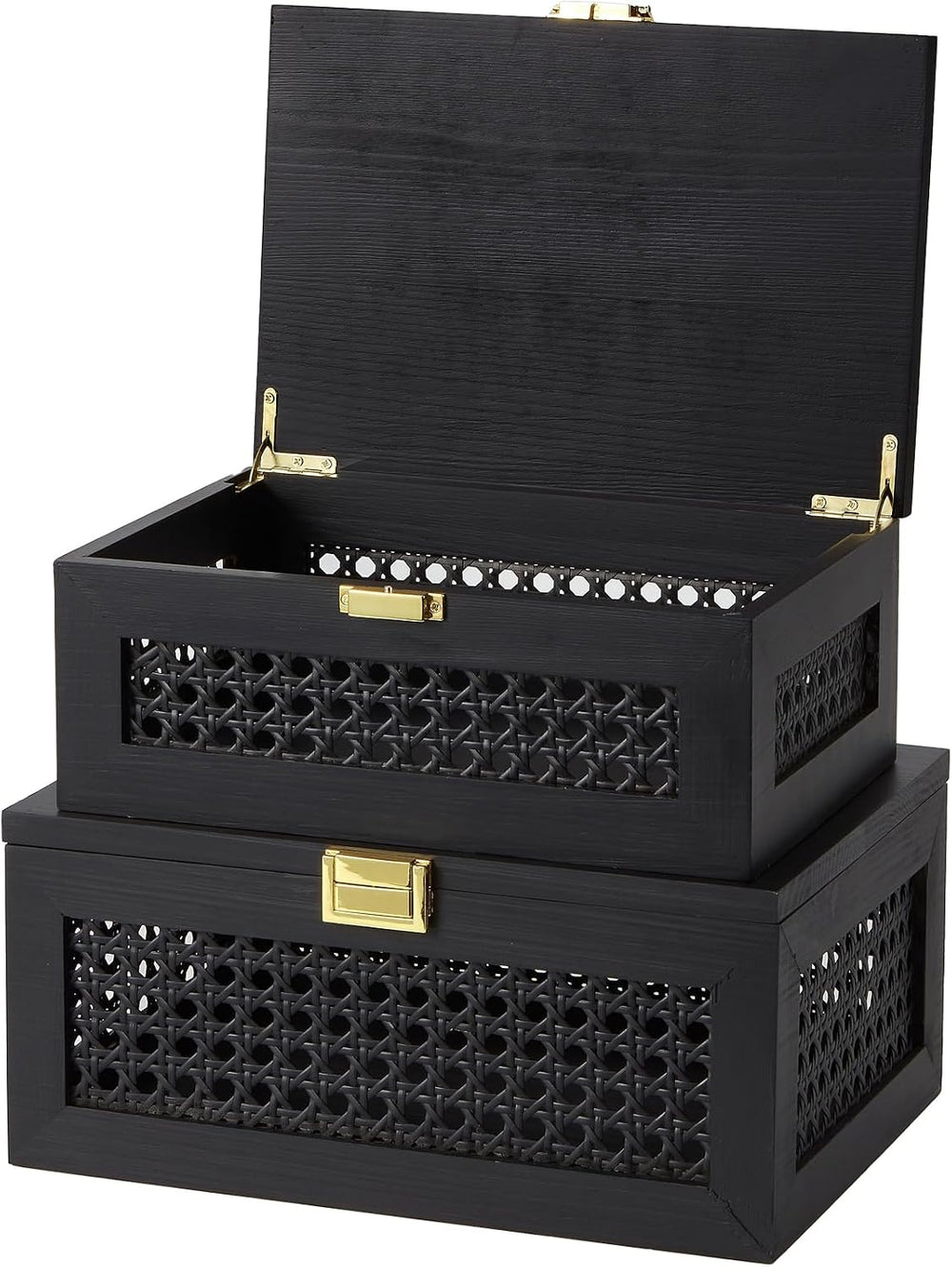 2PCS Decorative Rattan Storage Box Basket with Lid Wooden Frame