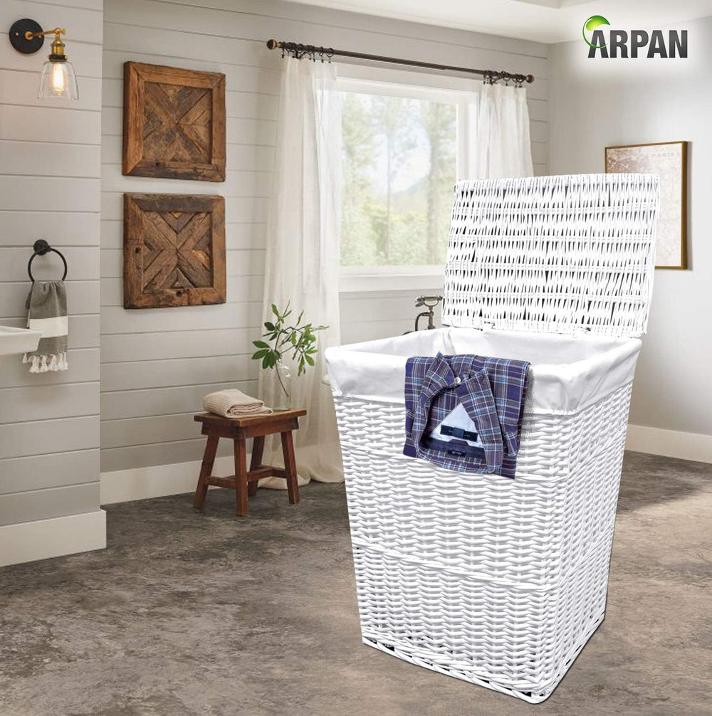 ARPAN Large Wicker Laundry Basket with White Lining, 32LX45WX59H