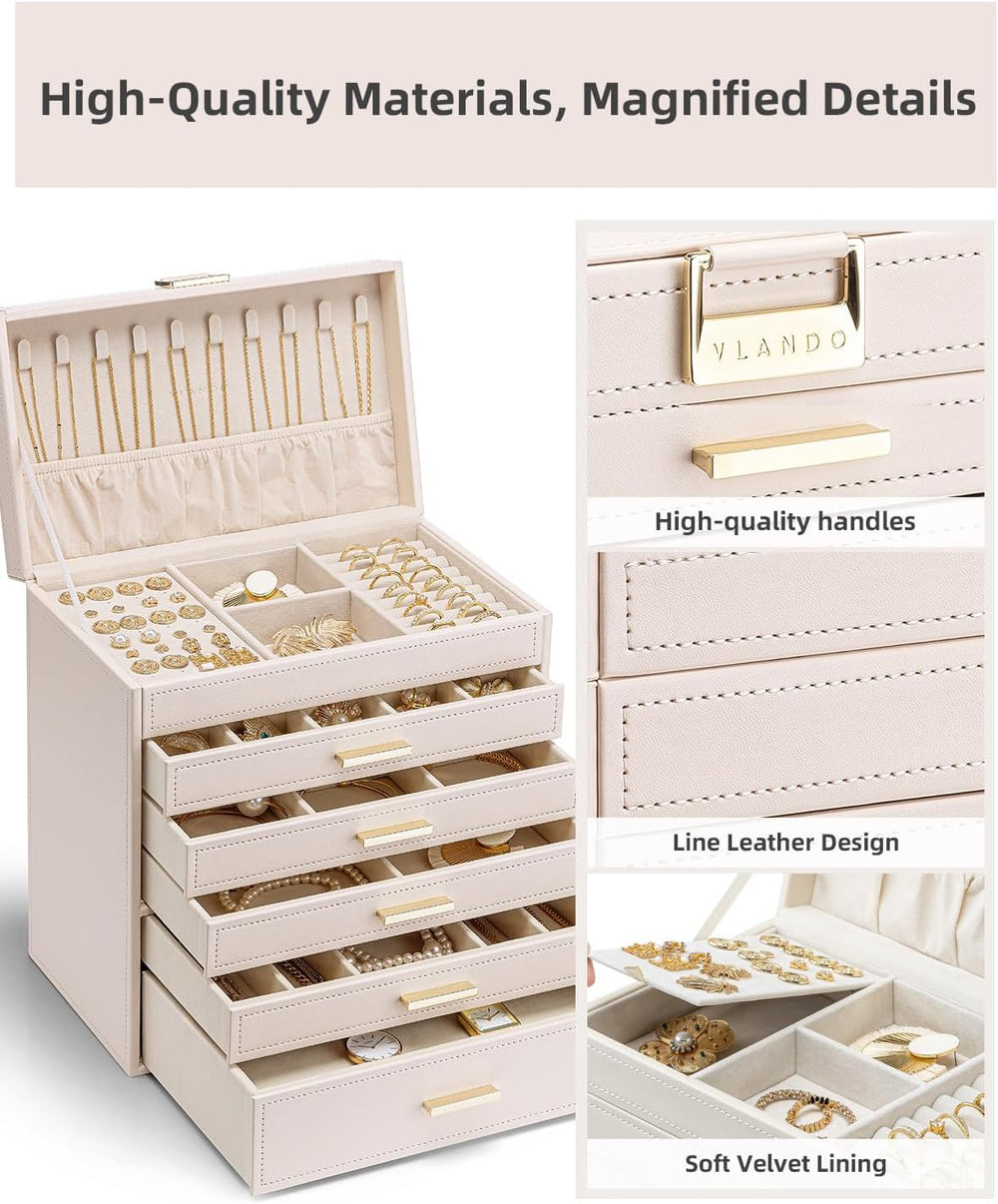 VLANDO Large Jewelry Box, 6 Layer Storage Organizer, Removable Dividers