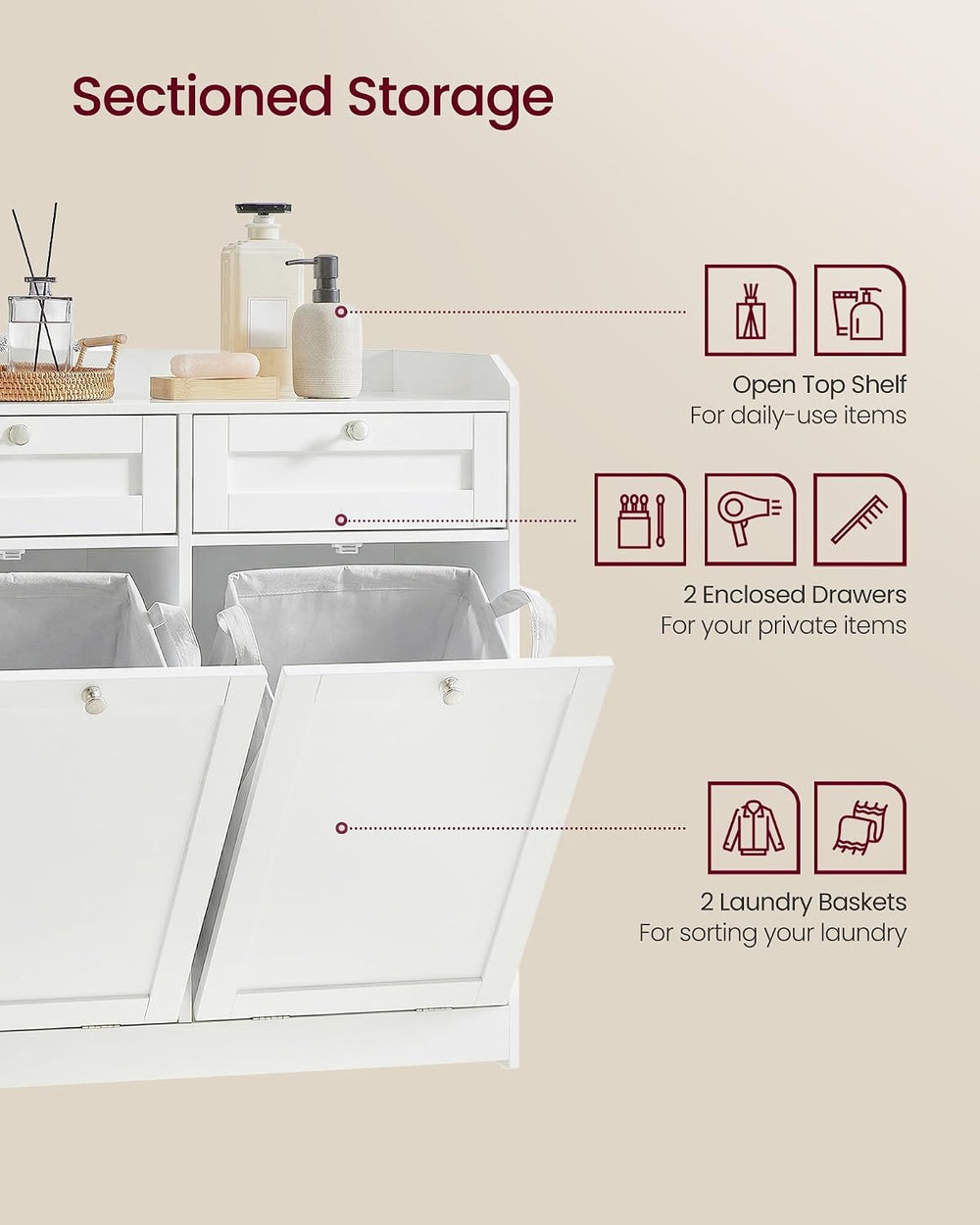 VASAGLE Laundry Cabinet with Tilt-Out Basket, 2 Drawers, 2 Baskets,