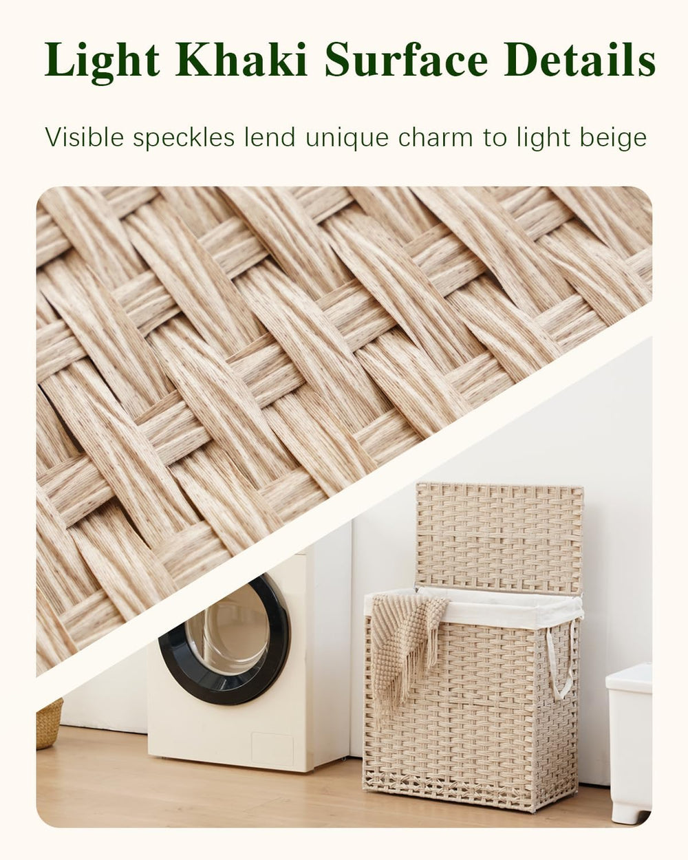 SETVSON Laundry Hamper with Lid PE Rattan Laundry Basket, Light Khaki