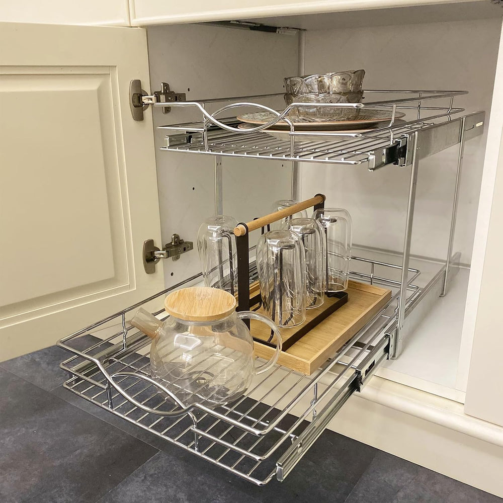 Sikarou Pull Out Cabinet Organizer 14"W 21"D 2-Tier Slide Out Stora...