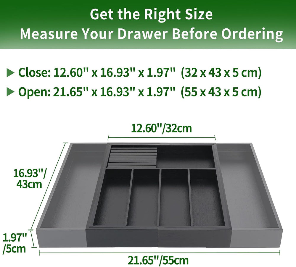 VaeFae Bamboo Silverware Drawer Organizer, 7 Slots, Black