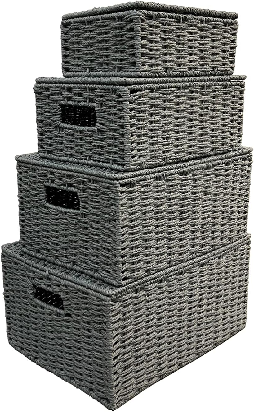 Arpan Set Of 4 Paper Rope Storage Hamper Basket With Lid - Including Xlarge,L...