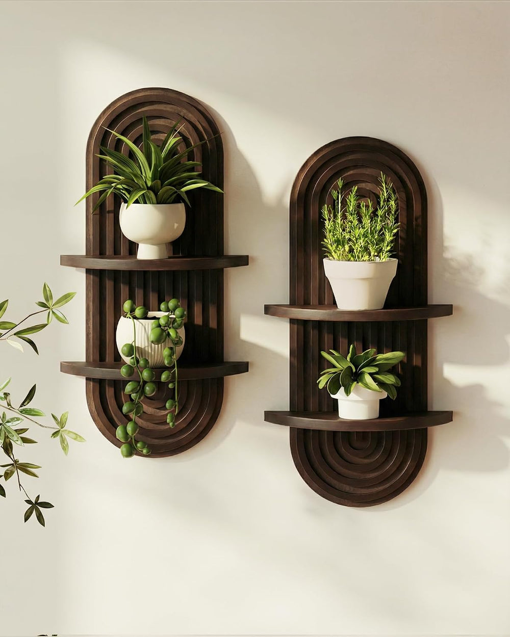 Bamworld Boho Wall Decor Plant Wall Shelf Wood Plant Holder Walnut 2PCS